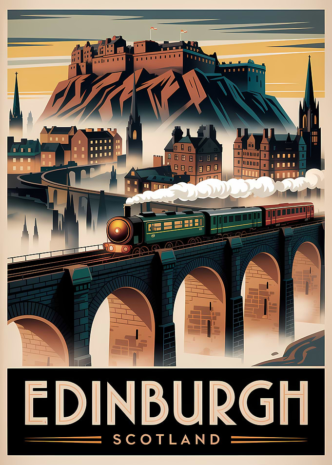 Edinburgh Castle and Train Poster