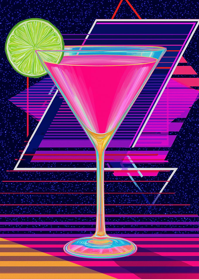 Retro Cocktail with Neon Geometric Background