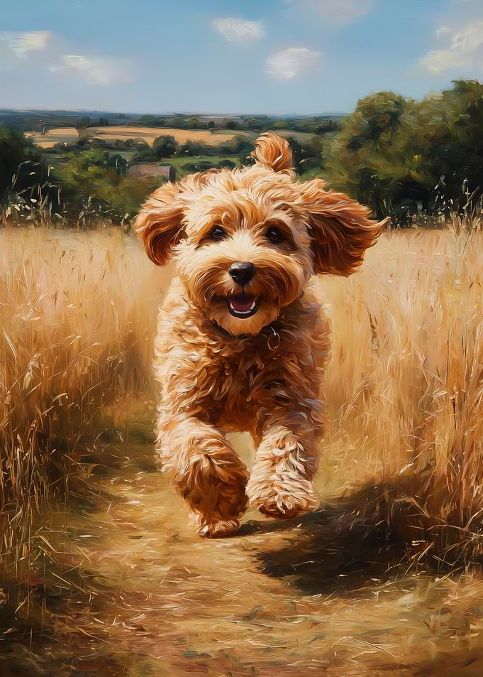 Happy Cockapoo dog running through a field
