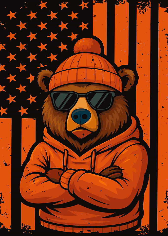 Cool Bear Poster, Urban Street Art Print, American Flag Hoodie Wall Decor