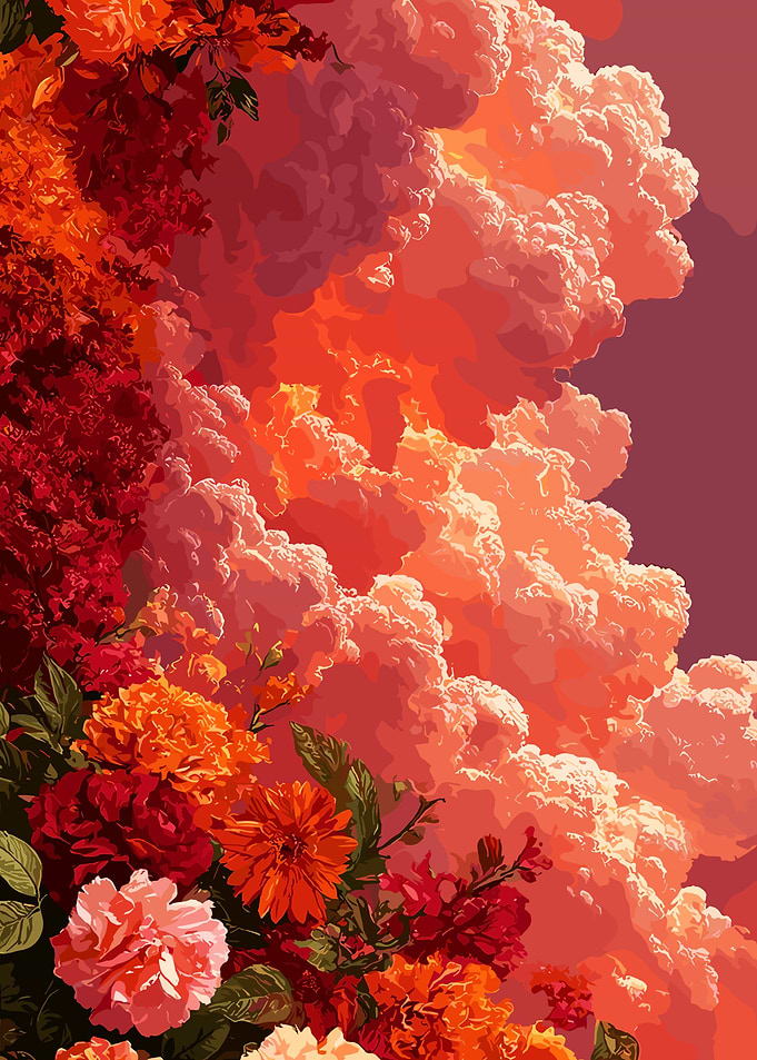 Vibrant Floral Arrangement with Fiery Clouds