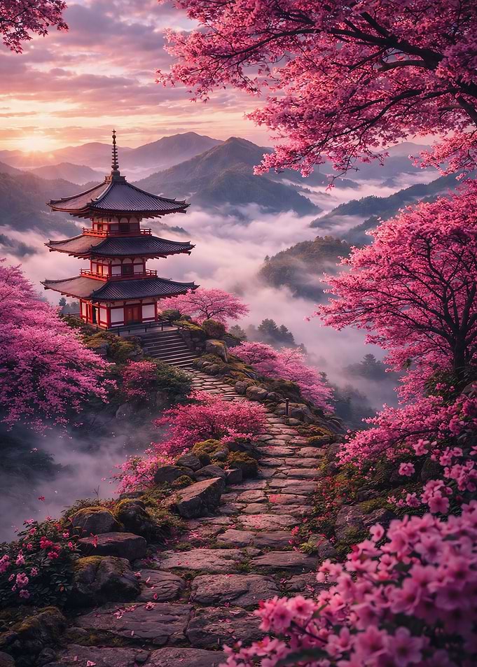 Pagoda Amidst Cherry Blossoms