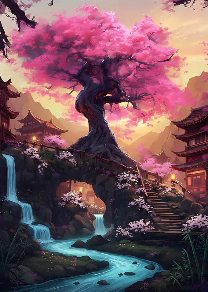 Enchanting Japanese Garden with Cherry Blossoms