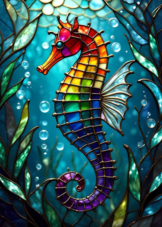 Rainbow Stained Glass Seahorse