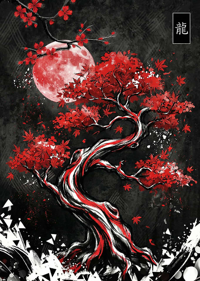 Red Bonsai Tree Under a Full Moon