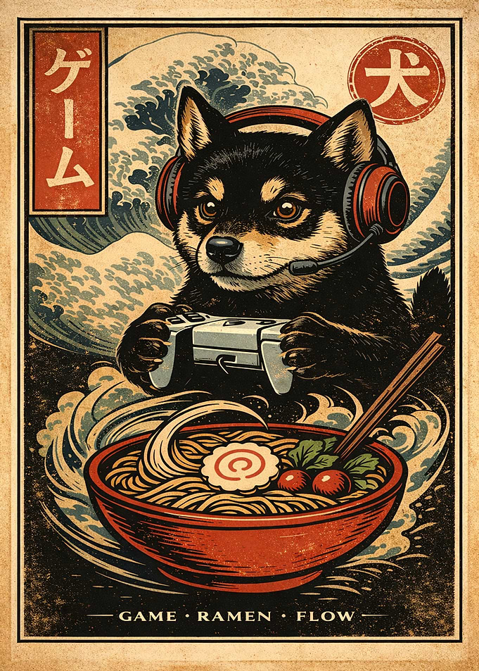 Shiba Inu Gamer with Ramen