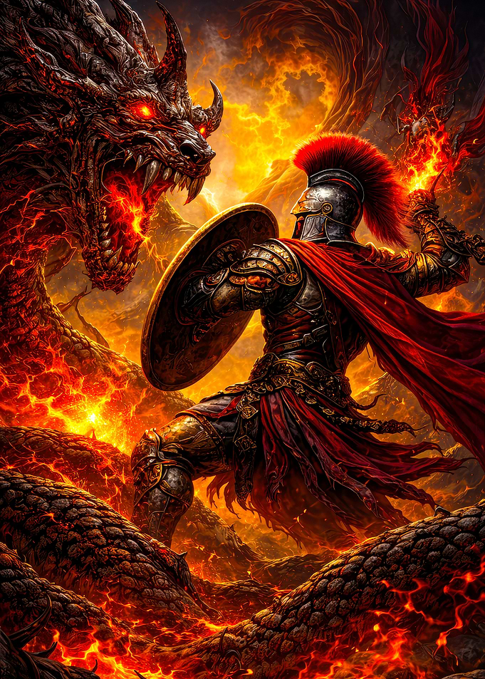 Warrior Fights Fiery Dragon