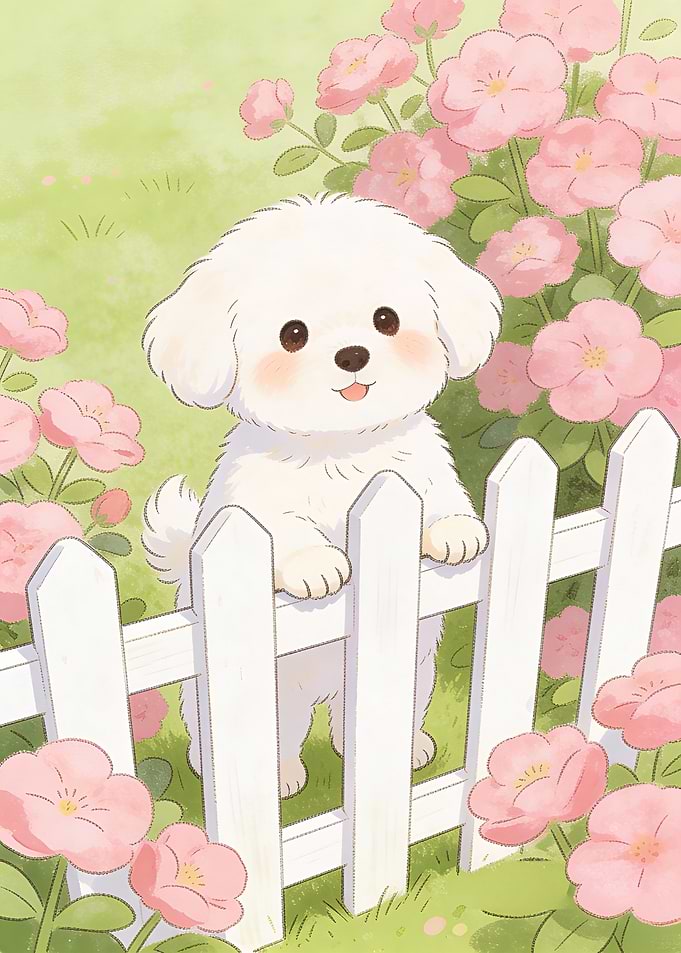 Cute white dog peeking over a fence