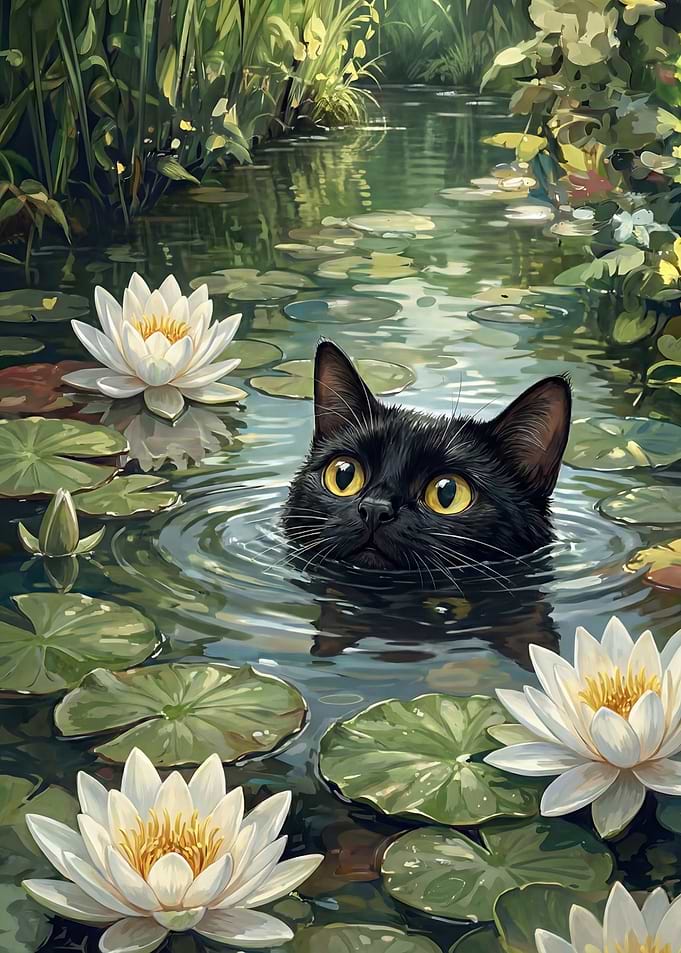 Black Cat in a Pond with Water Lilies