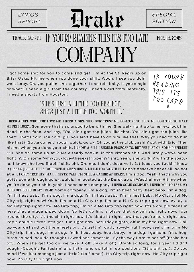 Drake 'Company' Lyrics Newspaper