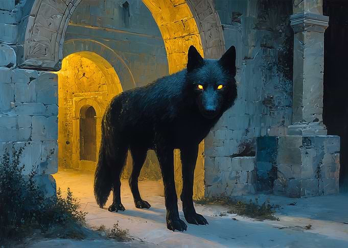 Black wolf with glowing eyes in ruins