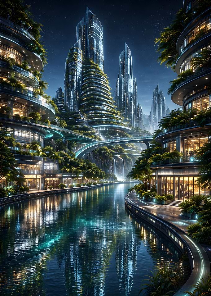 Futuristic Eco-Cityscape at Night