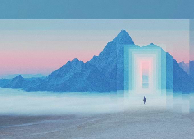 Figure walking through a surreal mountain portal