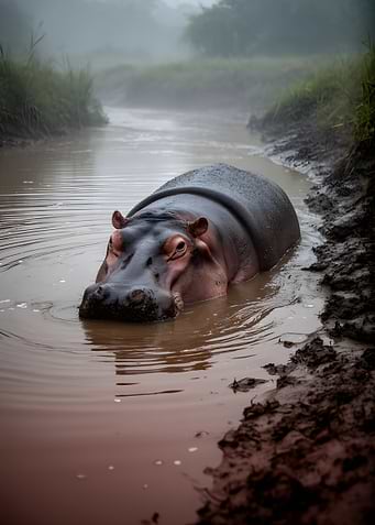 Hippopotamus in a Misty River