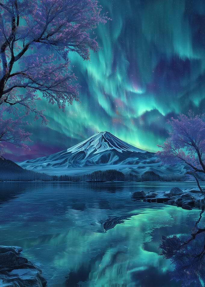 Aurora Borealis over Mount Fuji Lake