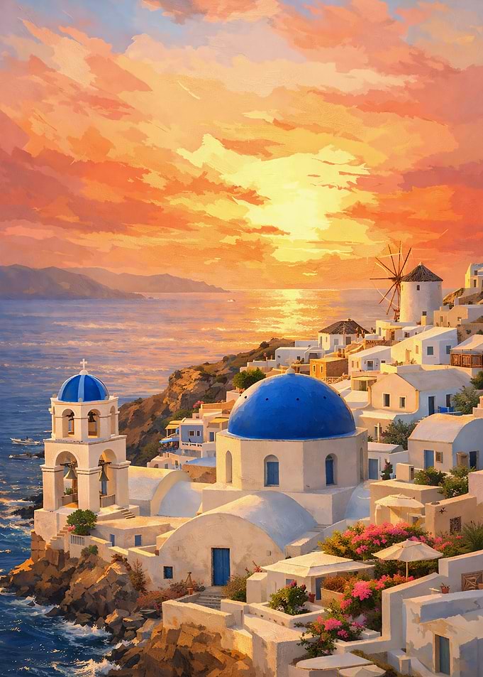 Santorini Sunset Village Painting