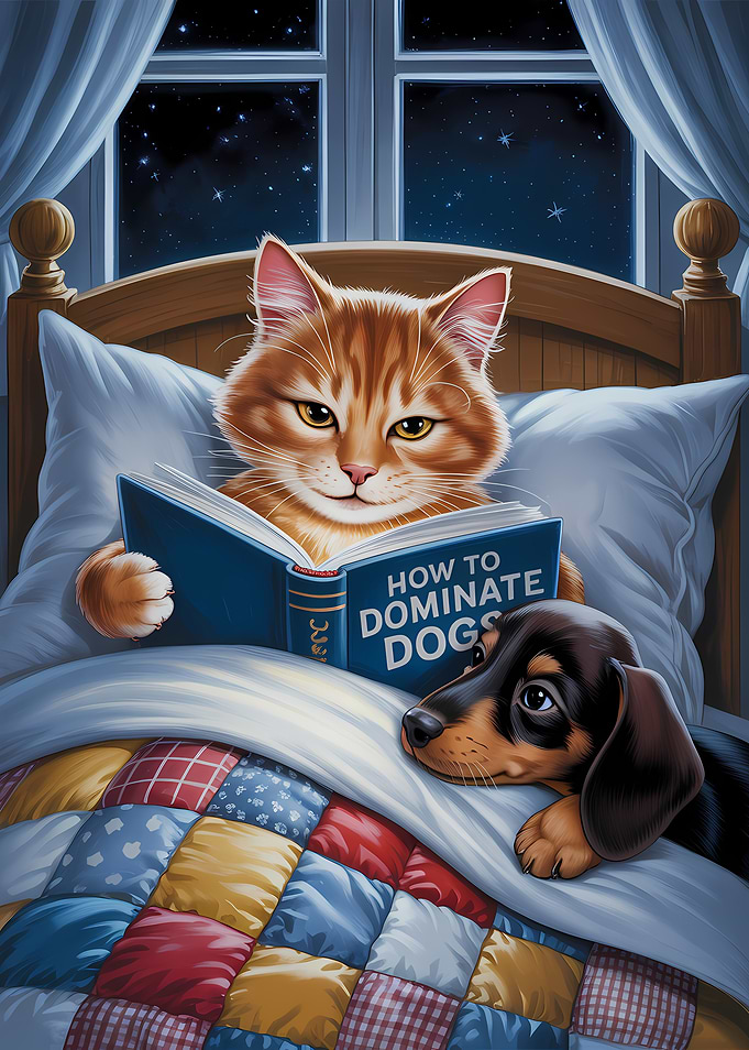 Cat Reading Book to Dog