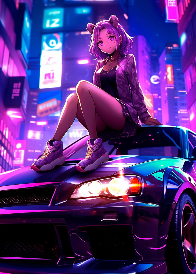 Anime Girl on a Car in Neon City