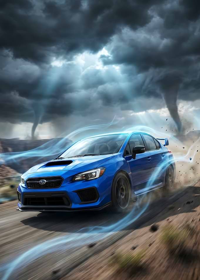 Blue Subaru WRX STI in a Tornado Storm