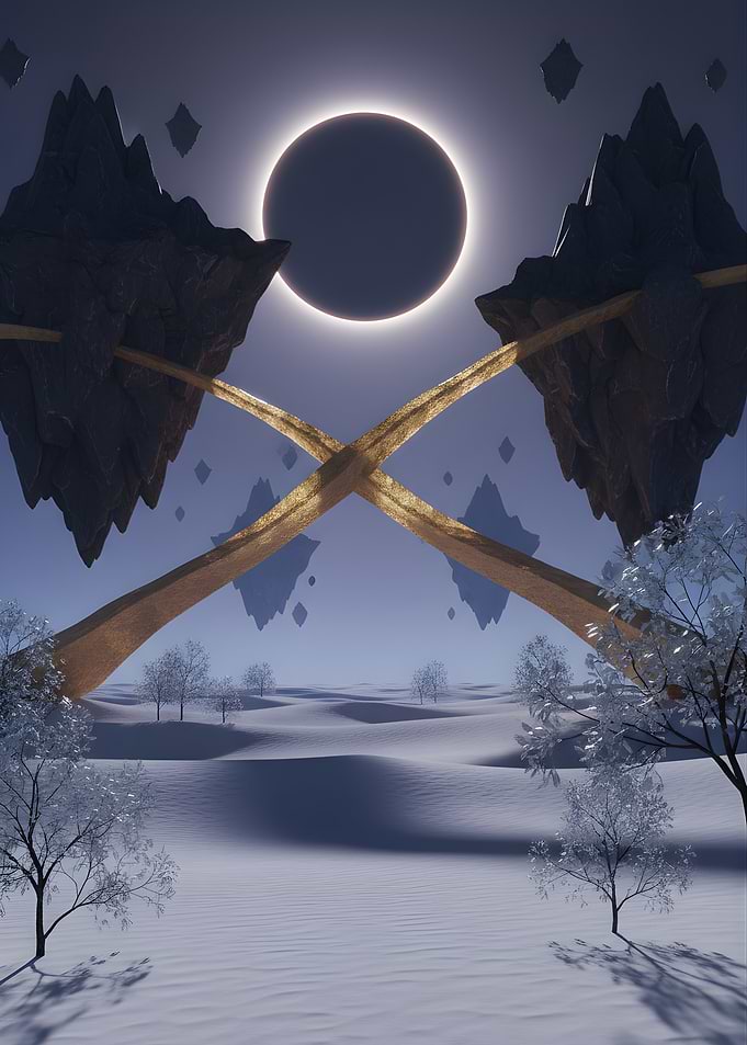 Surreal Eclipse Over Floating Islands
