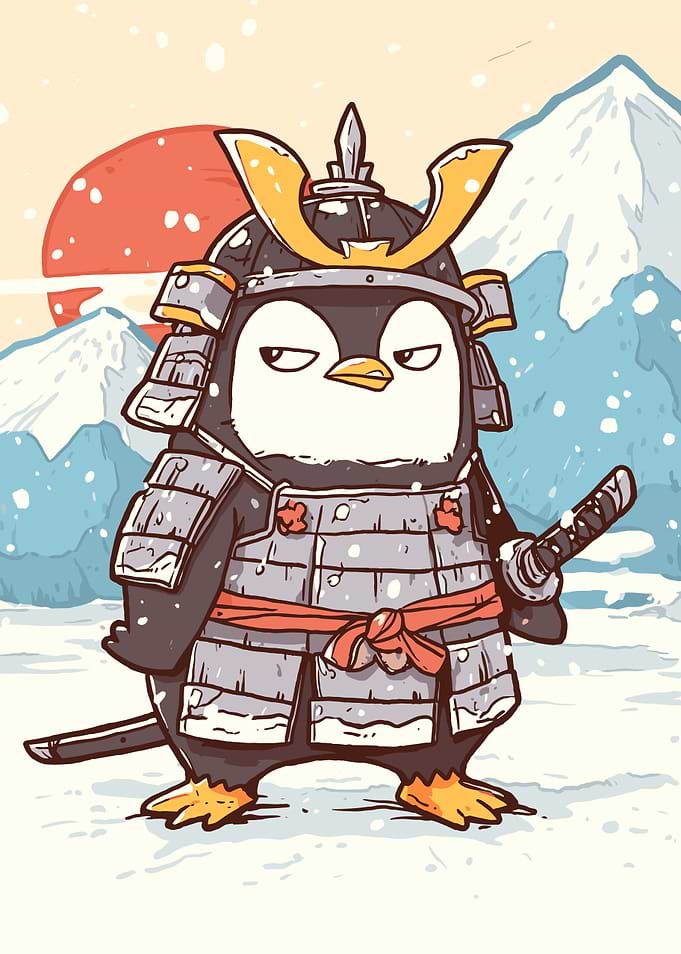 Samurai Penguin in Snowy Landscape