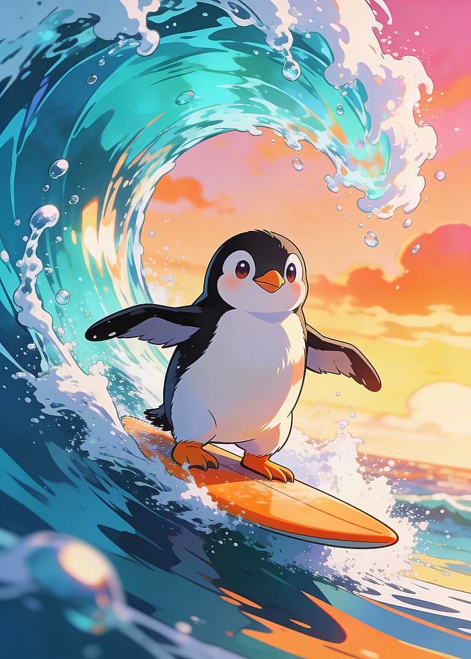 Penguin Surfing a Wave