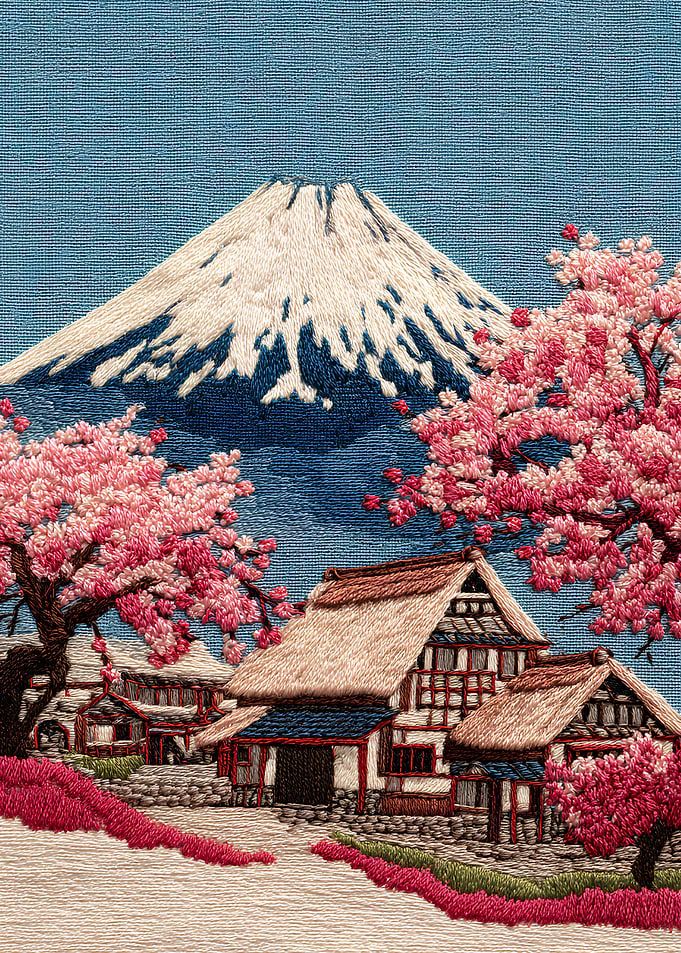 Mount Fuji with Cherry Blossoms and Village