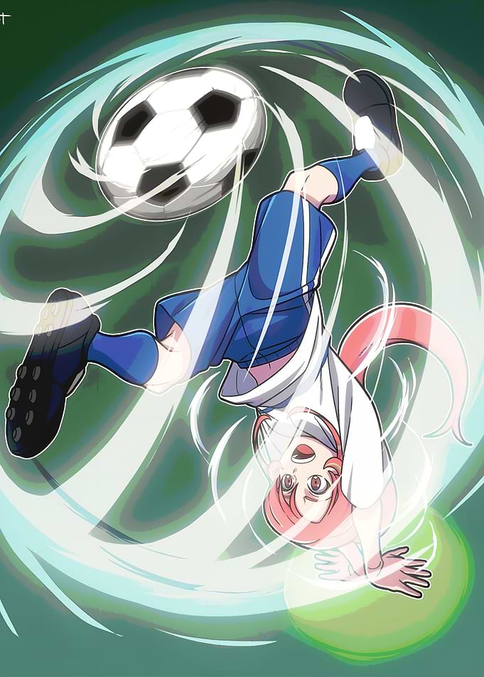 Anime soccer player performing a bicycle kick