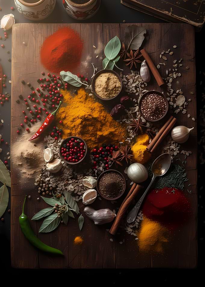 Assortment of Spices on a Wooden Board