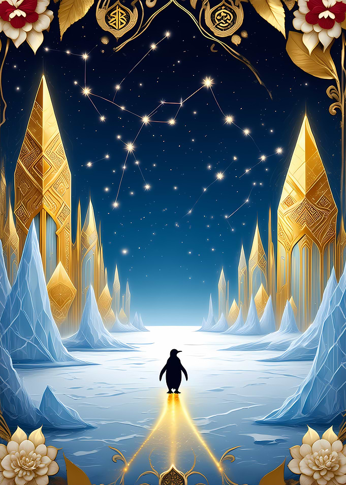 Penguin in a fantasy ice palace under the stars