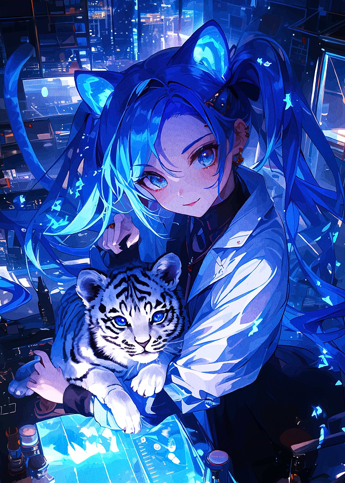 Anime Girl with White Tiger Cub