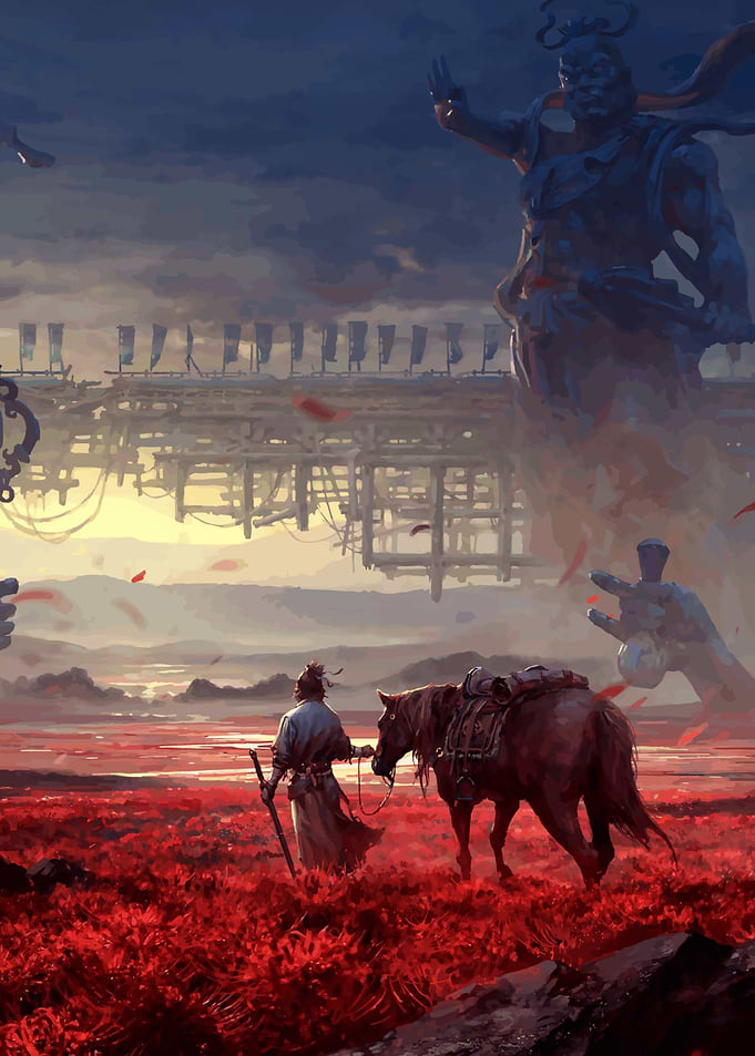 Warrior and Horse in Red Field