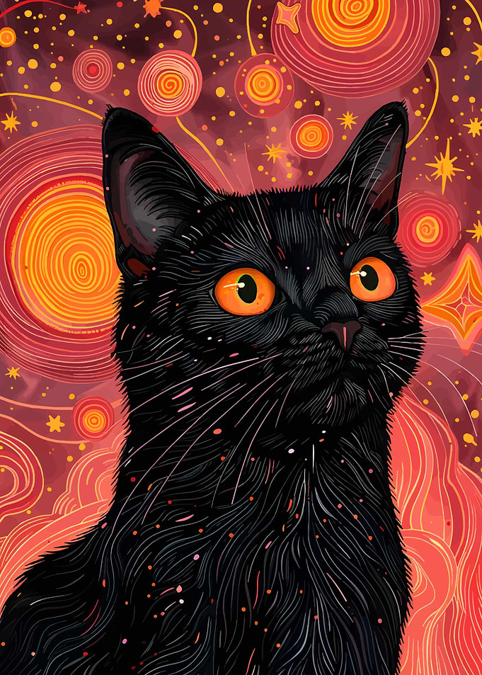 Black Cat with Orange Eyes in Cosmic Background