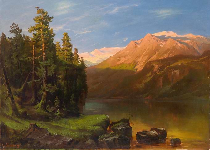 Alpine Lake and Mountain Landscape Painting