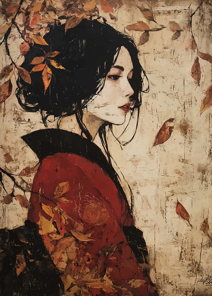Geisha in Autumn Leaves