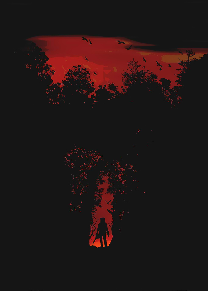 Sillent hill Silhouette of a figure in a forest at sunset