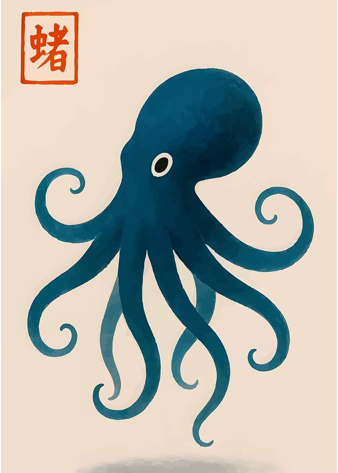 Blue Octopus with Japanese Character