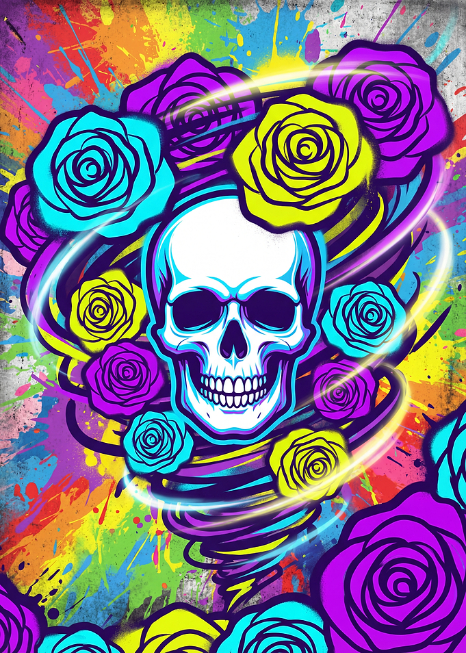 Skull with Roses and Colorful Background