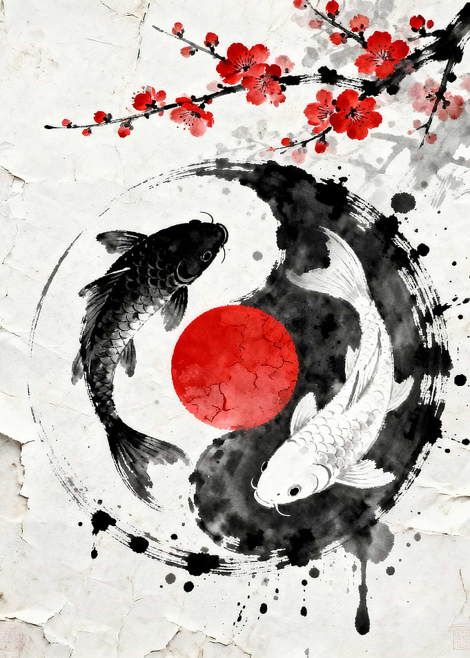 Yin Yang Koi Fish and Cherry Blossoms