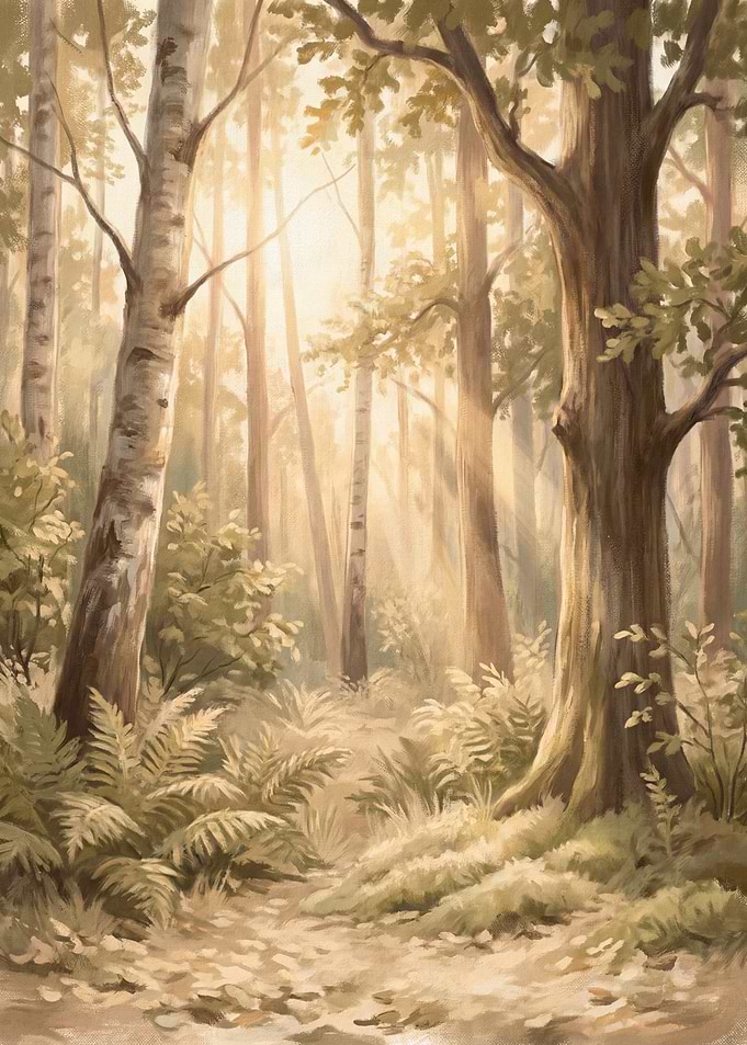 Sunlit Forest Path with Ferns