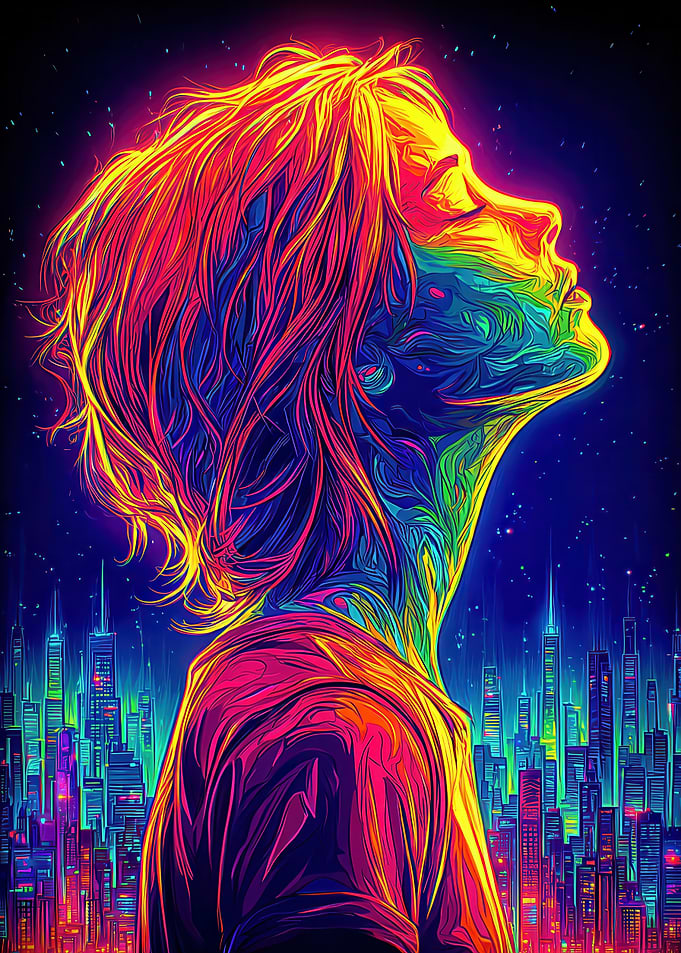 Vibrant Woman Overlooking Cityscape