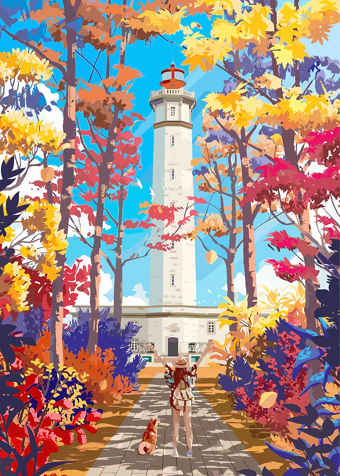 Autumn Path to Lighthouse with Girl and Dog