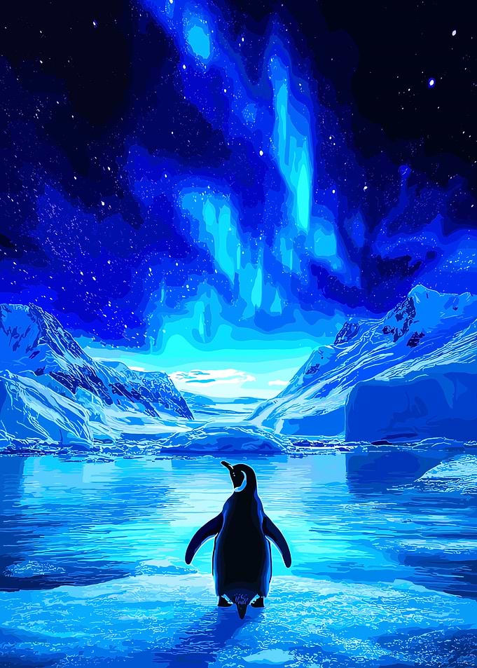 Penguin Under Aurora Borealis