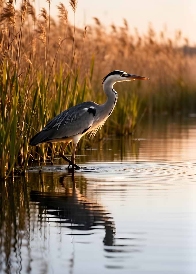 Heron standing in water at sunset