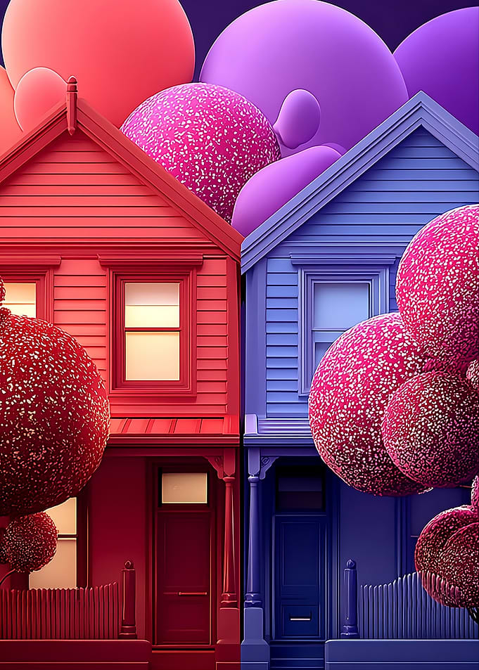 Surreal Houses with Giant Spheres