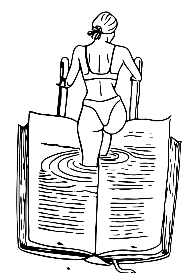 Woman entering water from a book