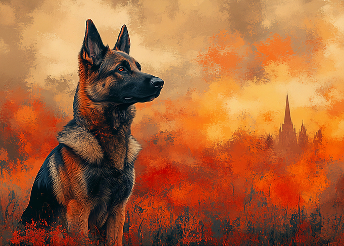 German Shepherd in a fiery landscape