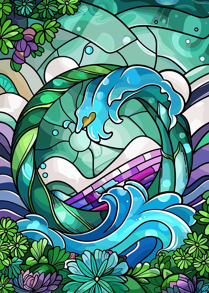 Stained Glass Wave and Floral Design