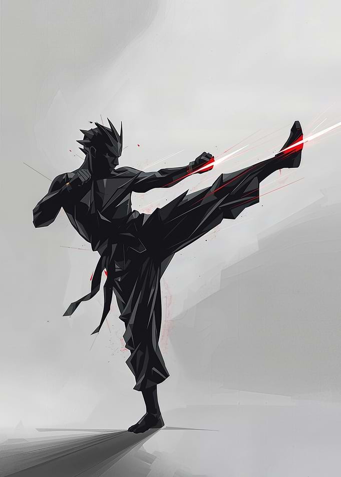 Geometric Shadow Martial Artist — Dynamic High Kick Digital Illustration