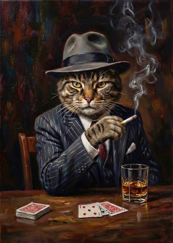 Cat in a Hat Smoking and Playing Cards